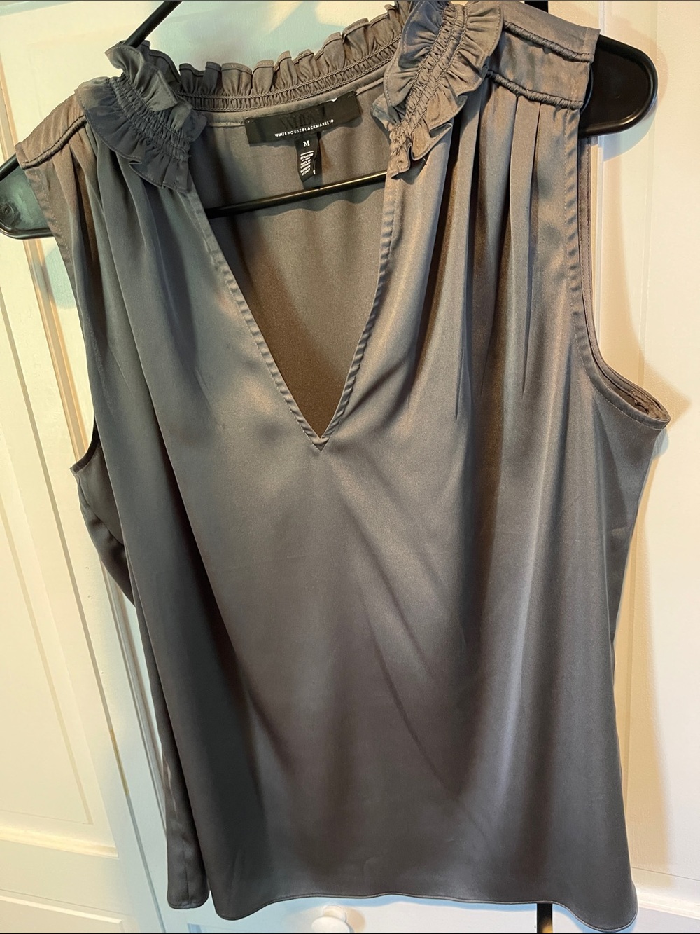 White House Black Market Sleeveless Ruffle Collar V-Neck Top - Gray